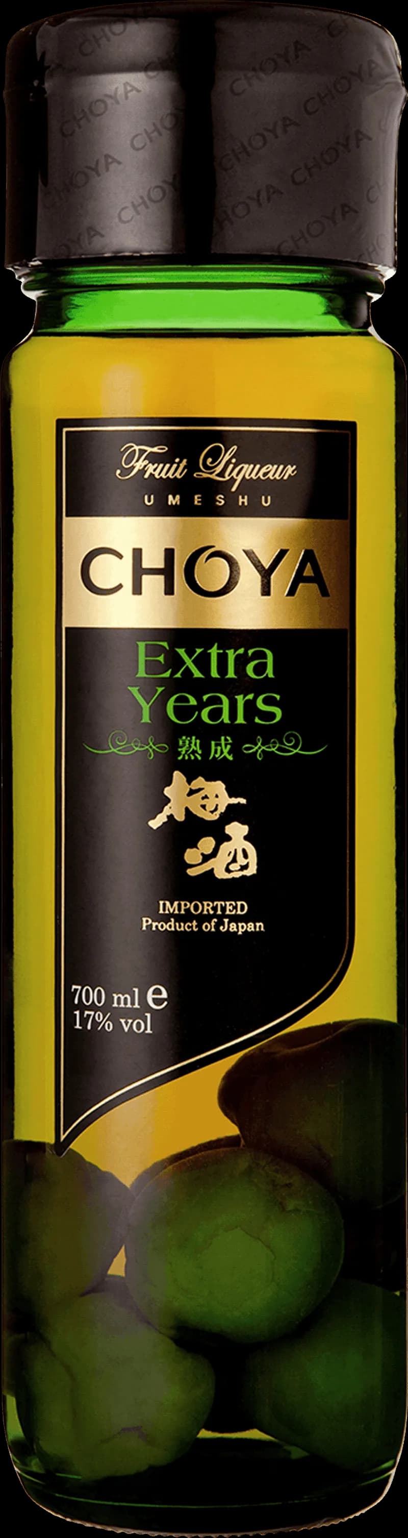 Flaska med Choya Umeshu smaksatt vin och fruktvin, stående mot en ljus bakgrund.