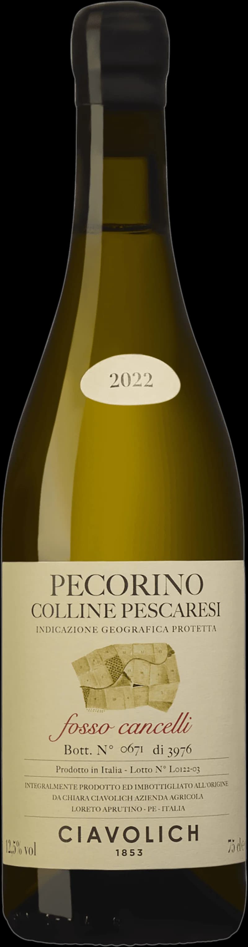 Flaska Ciavolich Fosso vitt vin mot ljus bakgrund