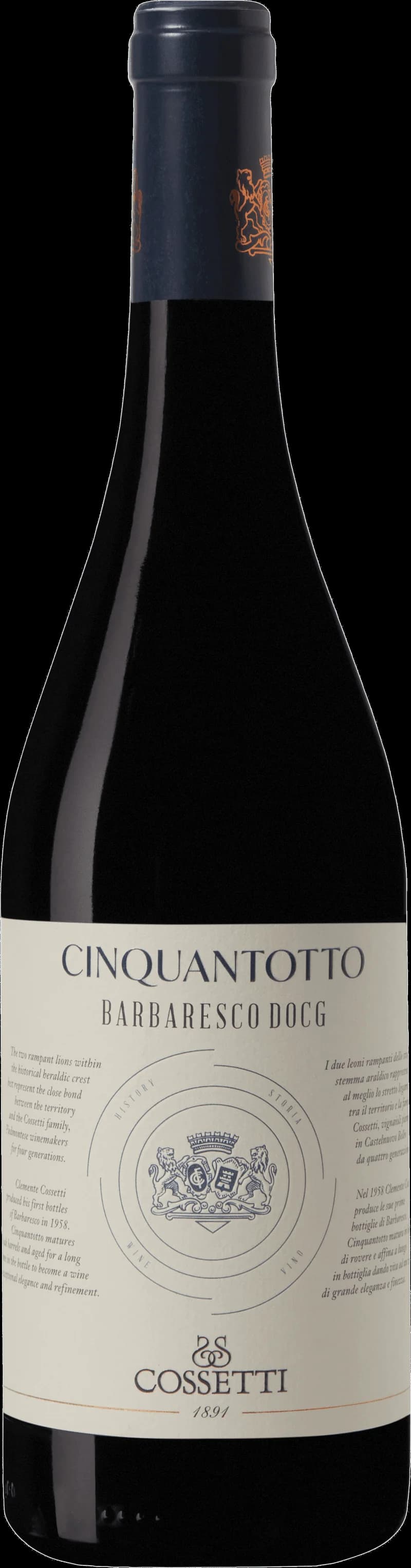 Flaska av rött vin Cinquantotto på en bordsservering.