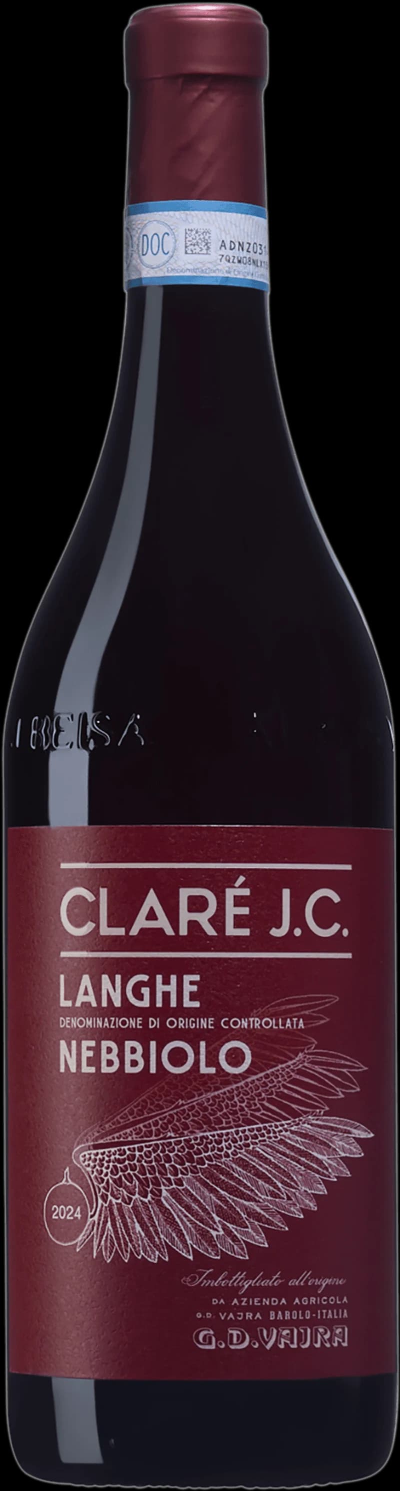 Flaska av Clare J.C. rött vin mot neutral bakgrund.