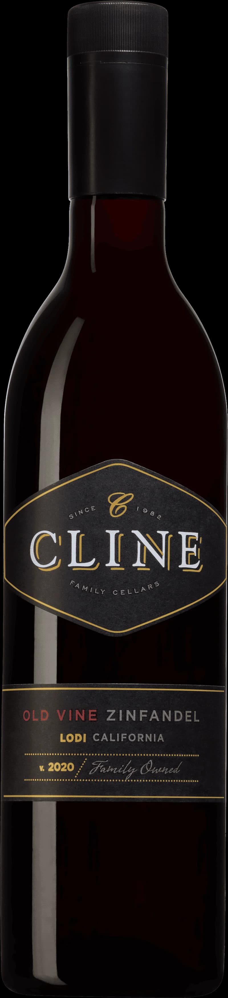 Flaska av Cline Old Vine Zinfandel rött vin mot en neutral bakgrund.