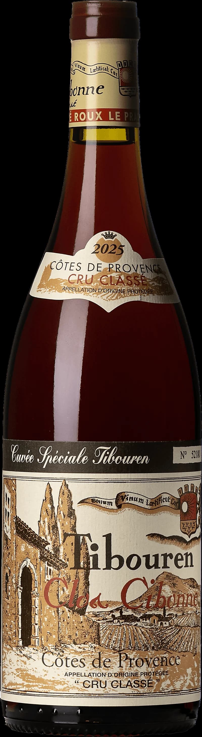 Flaska av Clos Cibonne rött vin mot en mörk bakgrund.