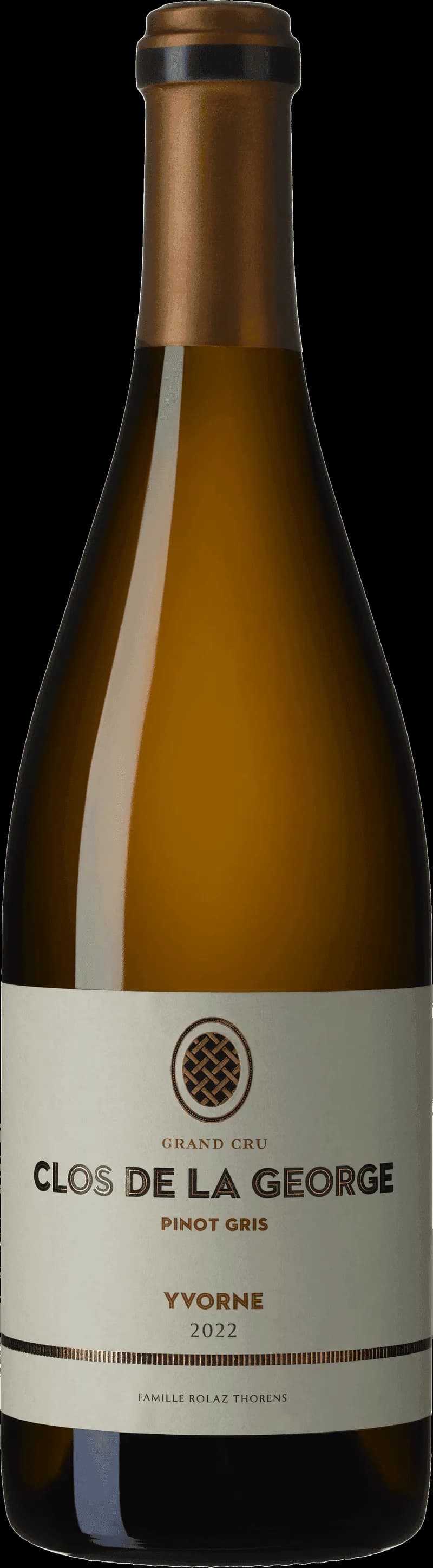 Flaska av Clos de la George vitt vin mot en neutral bakgrund.