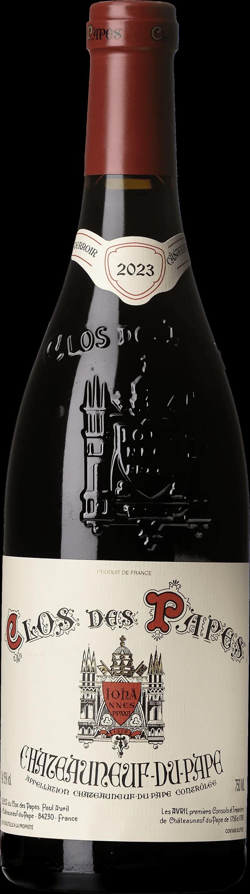 Flaska av Clos des Papes rött vin från Rhône-dalen.