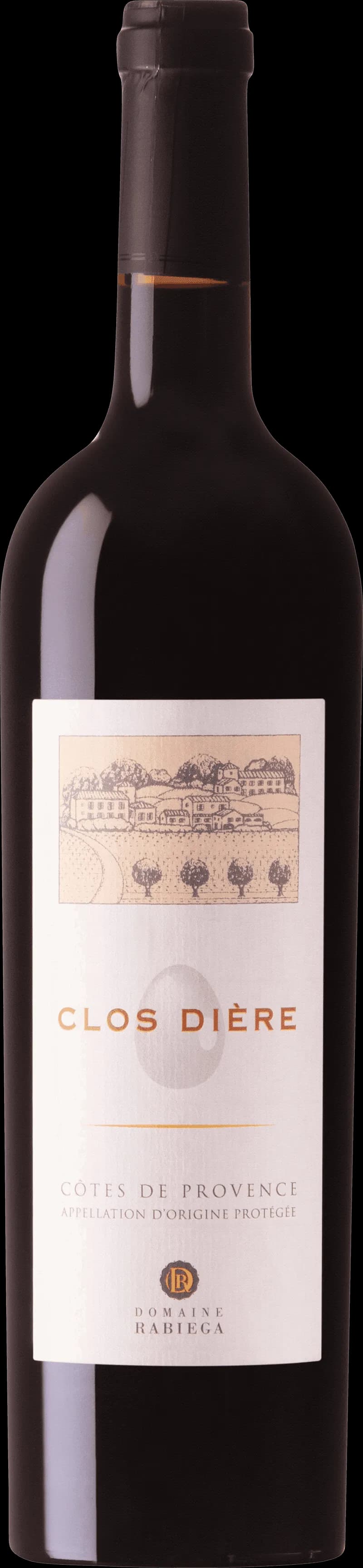 Flaska av rött vin Clos Di Re L'Oeuf på en bordsservering.