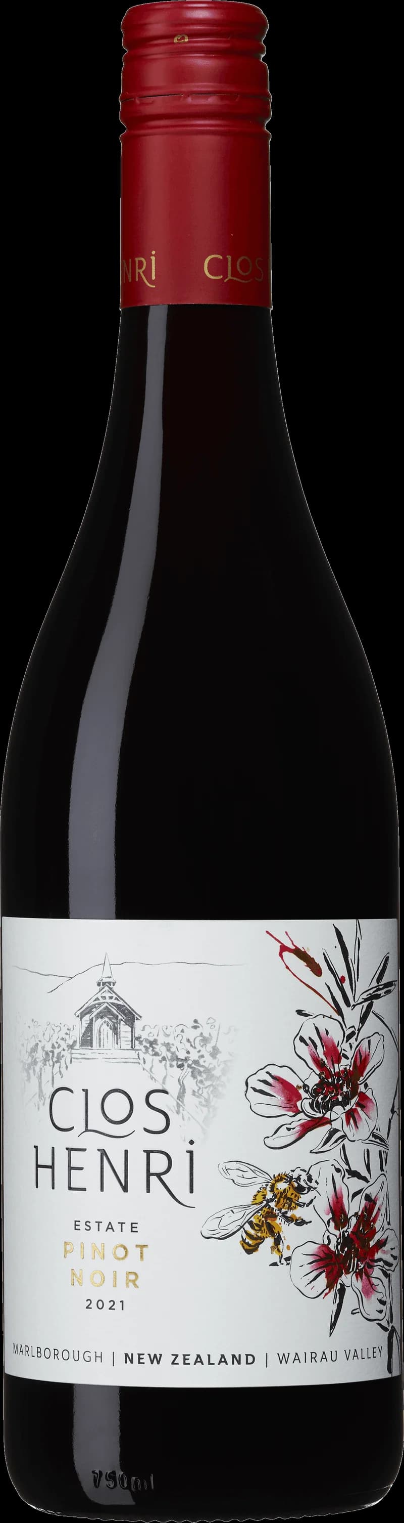 Flaska med Clos Henri rött vin mot en mörk bakgrund.