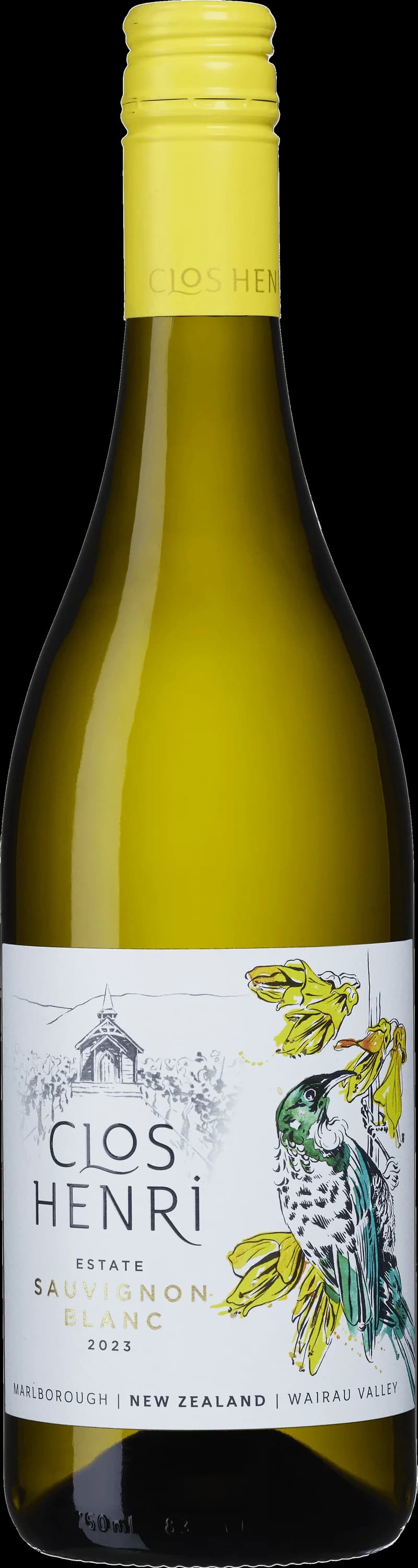 Flaska Clos Henri vitt vin mot ljus bakgrund