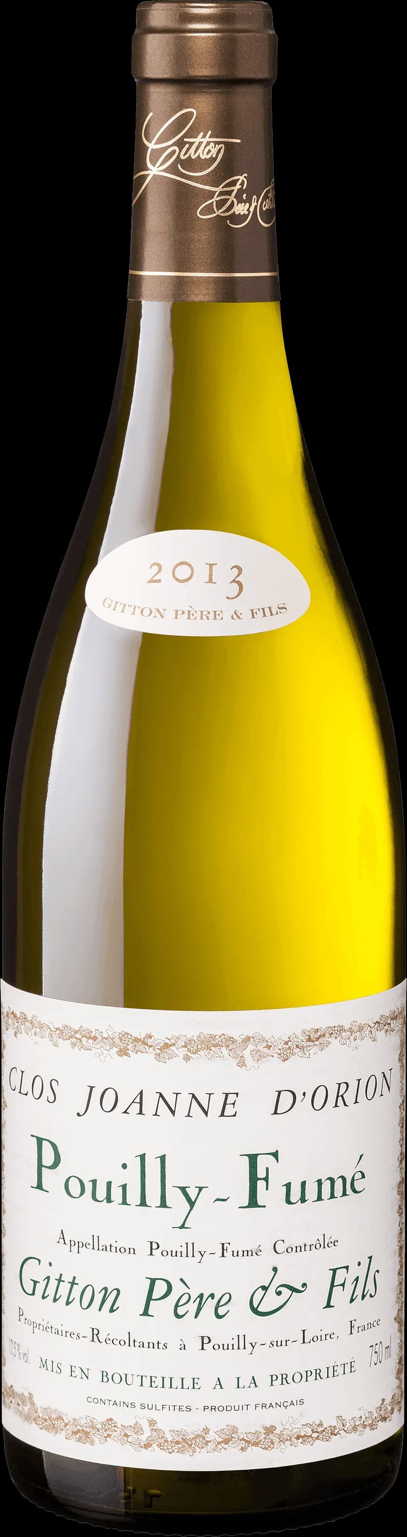 Flaska av Clos Joanne d'Orion vitt vin mot en ljus bakgrund.