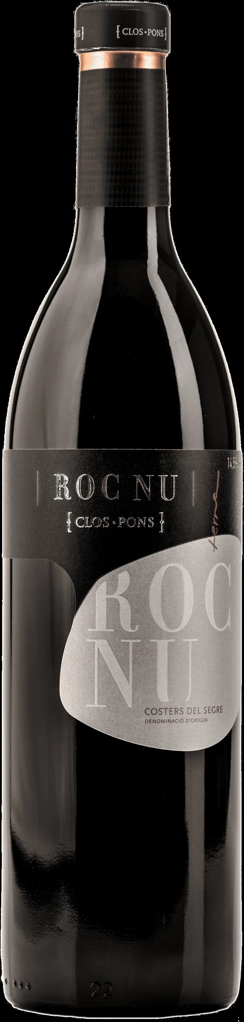 Flaska och glas med Clos Pons Roc Nu rött vin från Spanien.