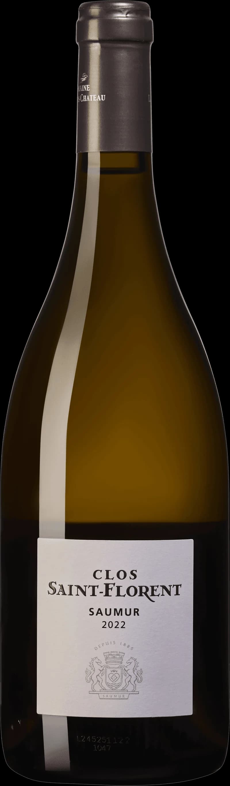 Flaska av Clos Saint Florent vitt vin mot neutral bakgrund.