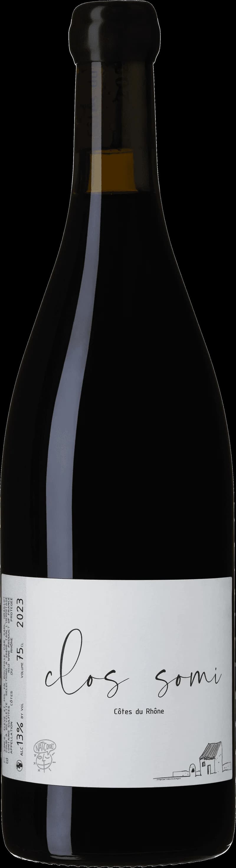 Flaska av Clos Somi rött vin mot neutral bakgrund.