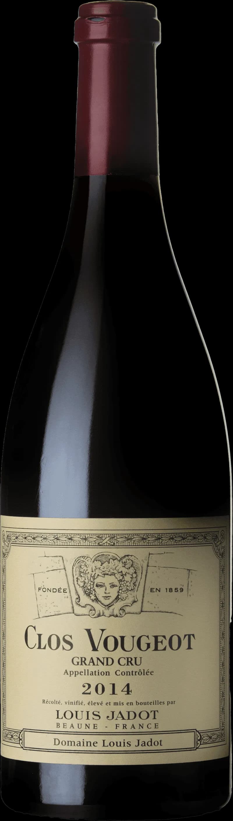 Flaska Clos Vougeot Grand Cru rött vin mot mörk bakgrund