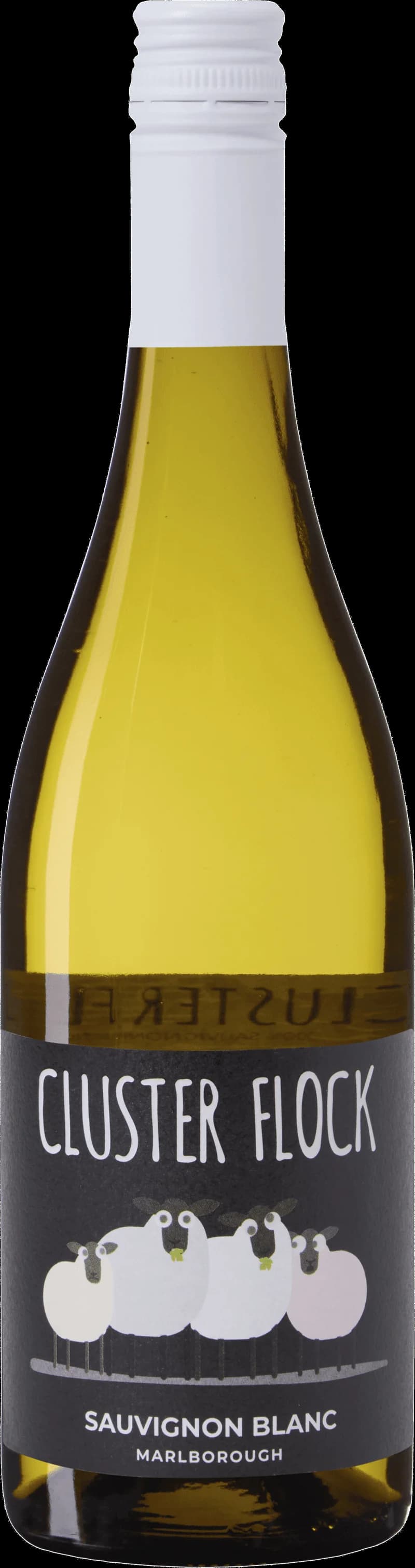 Flaska av vitt vin Cluster Flock Sauvignon Blanc mot en mörk bakgrund.