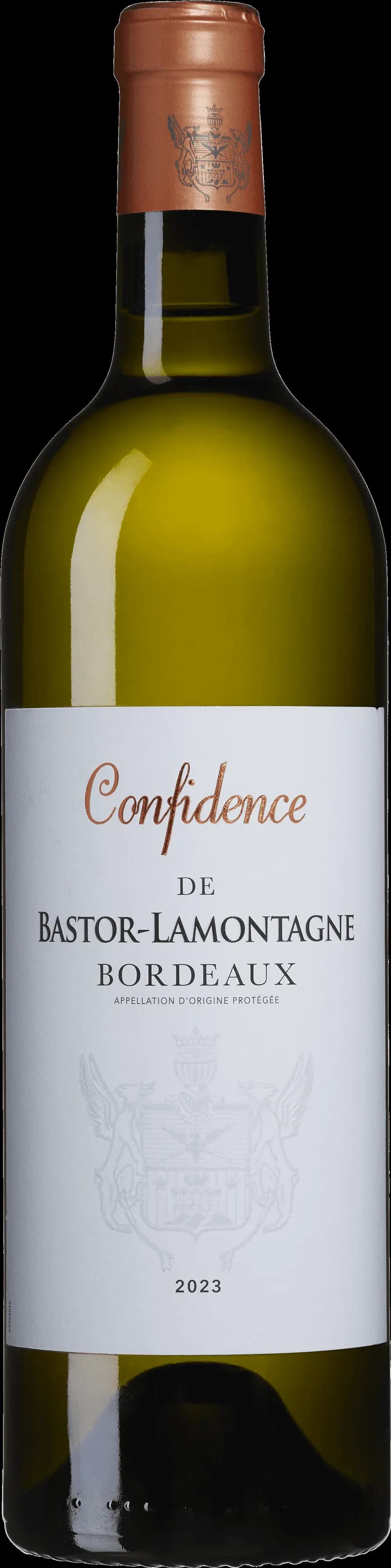 Flaska med Confidence de Bastor-Lamontagne vitt vin mot ljus bakgrund.