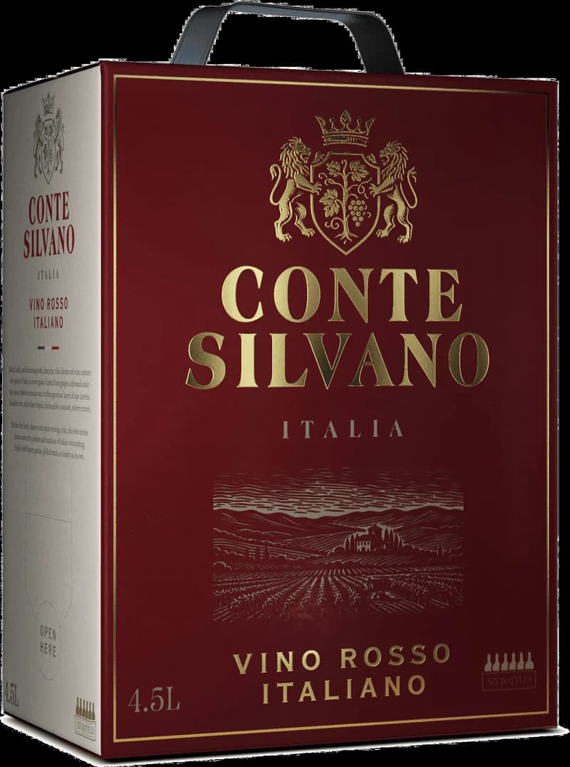 Flaska av Conte Silvano rött vin mot neutral bakgrund