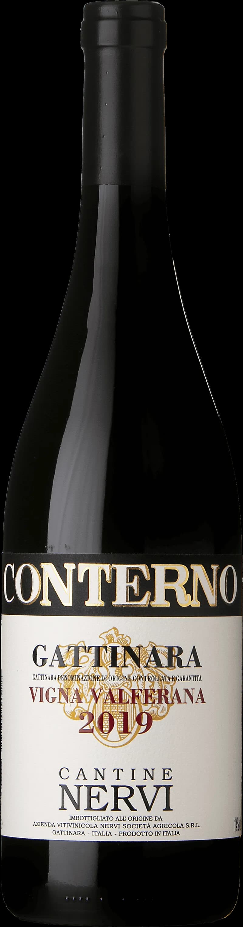 Flaska Conterno Gattinara Vigna Valferana rött vin mot neutral bakgrund.