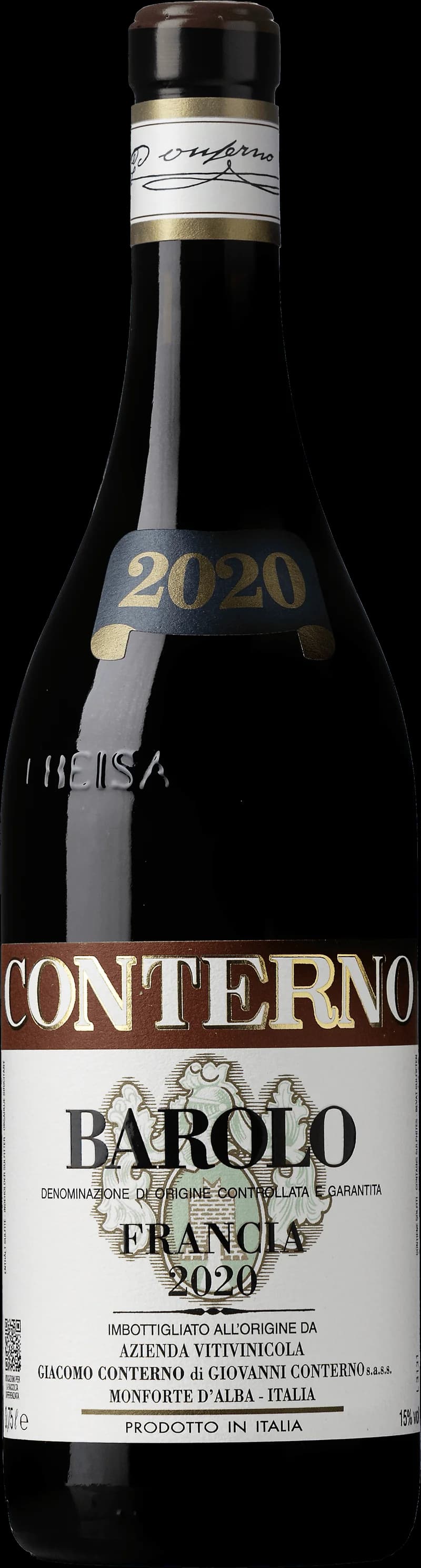 Flaska av rött vin från Conterno på en bordsservering.