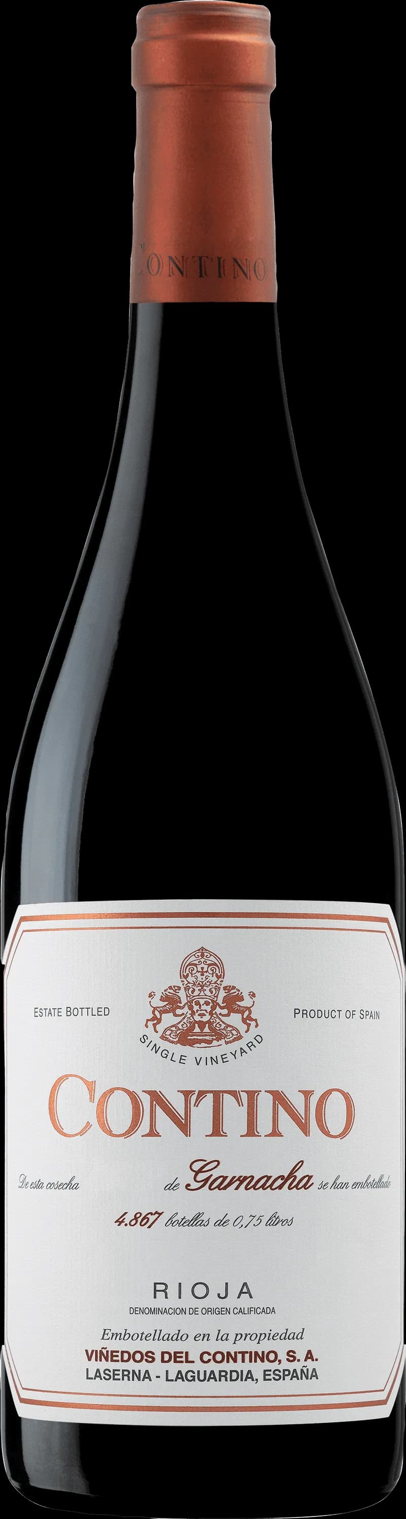 Flaska av Contino rött vin mot en mörk bakgrund.