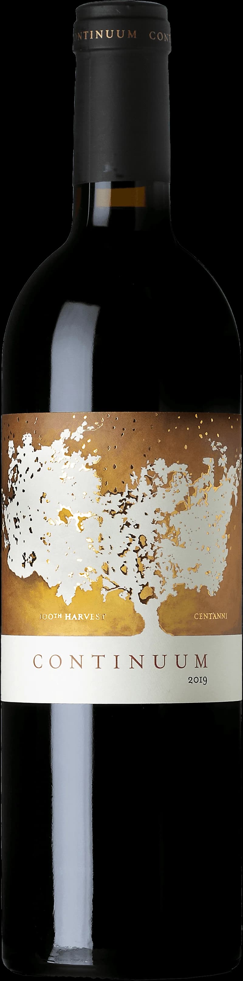 Flaska av rött vin Continuum mot en mörk bakgrund.