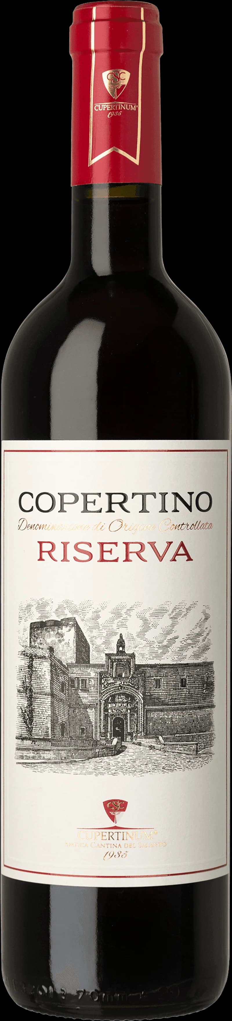 Flaska med Copertino rött vin mot en mörk bakgrund