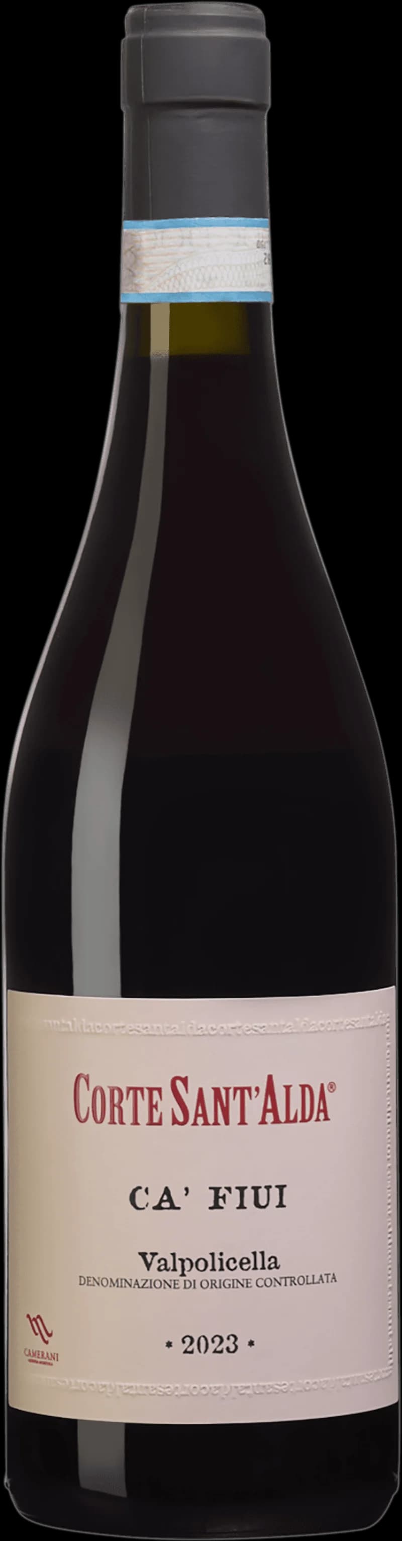 Flaska av rött vin Corte Sant'Alda Ca' Fiui på en bordduk.