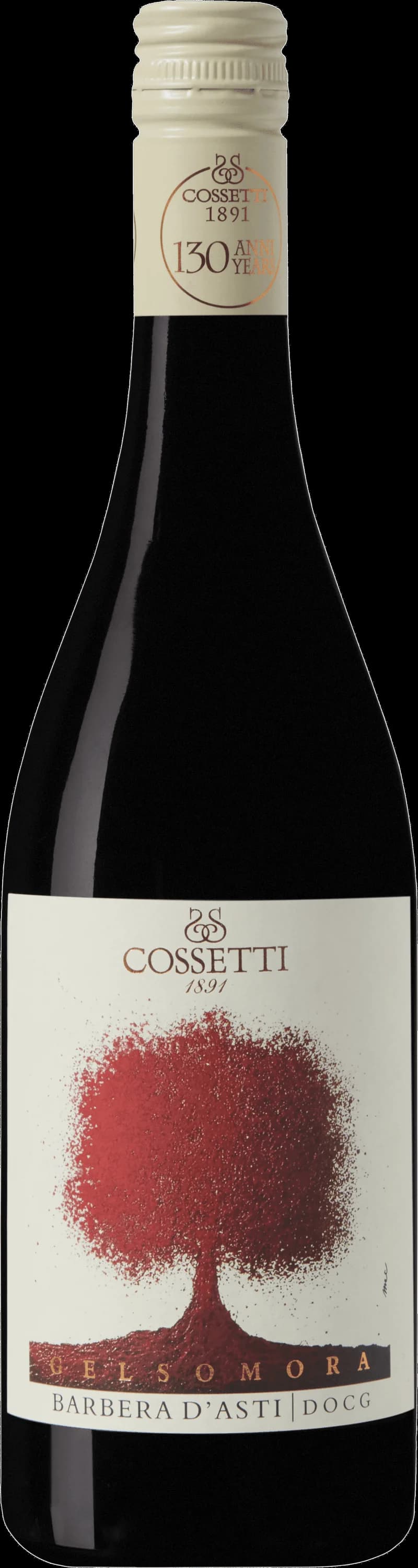 Flaska av rött vin Cossetti Gelsomora på vit bakgrund