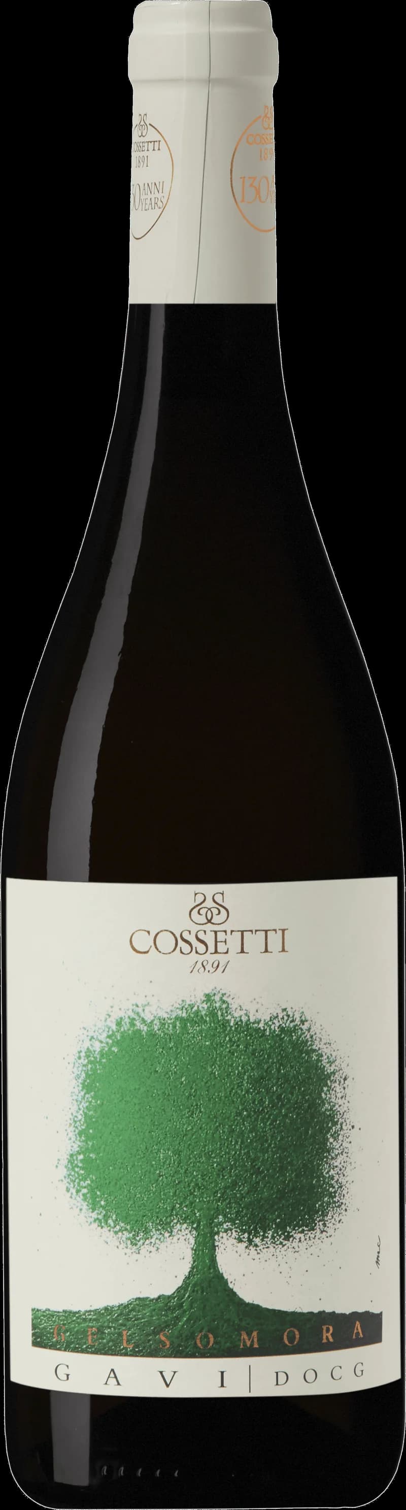 Flaska av Cossetti Gelsomora vitt vin mot ljus bakgrund.