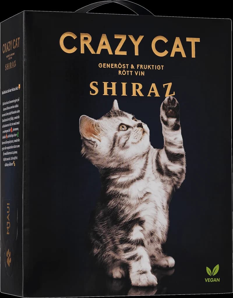 Etikett på rödvin från Crazy Cat med kattmotiv