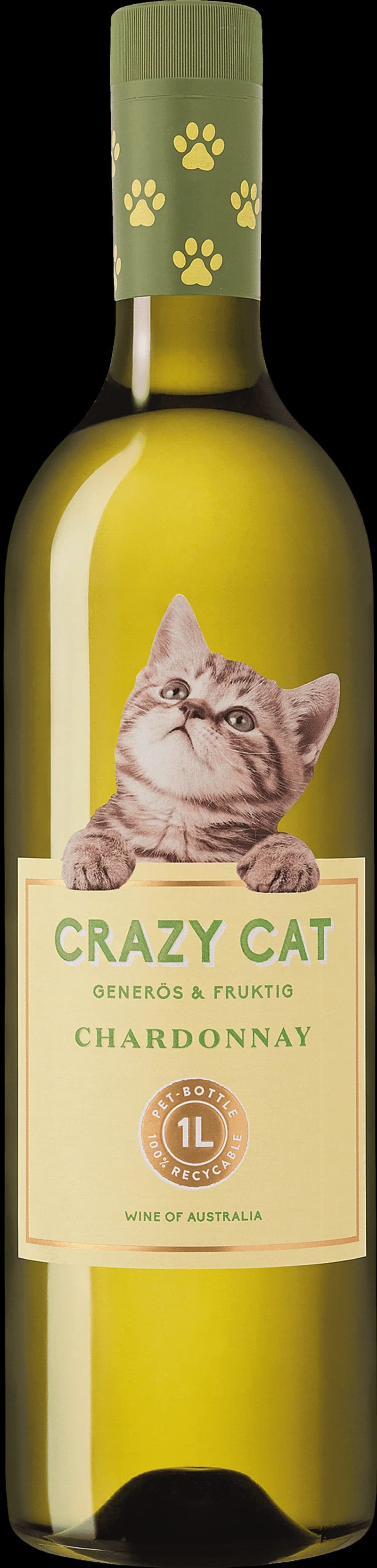 Etikett på Crazy Cat vitt vin mot ljus bakgrund