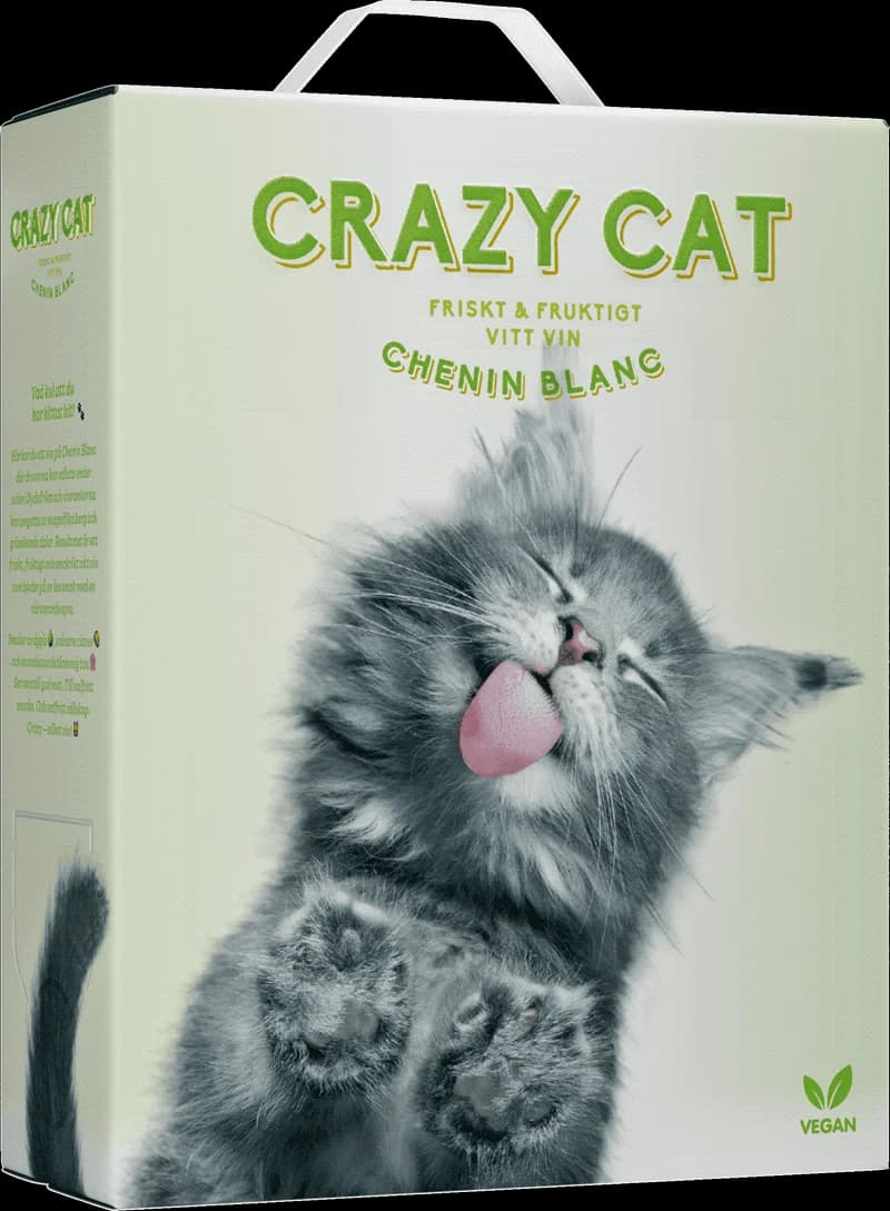 Etikett på Crazy Cat vitt vin med en galen kattillustration.