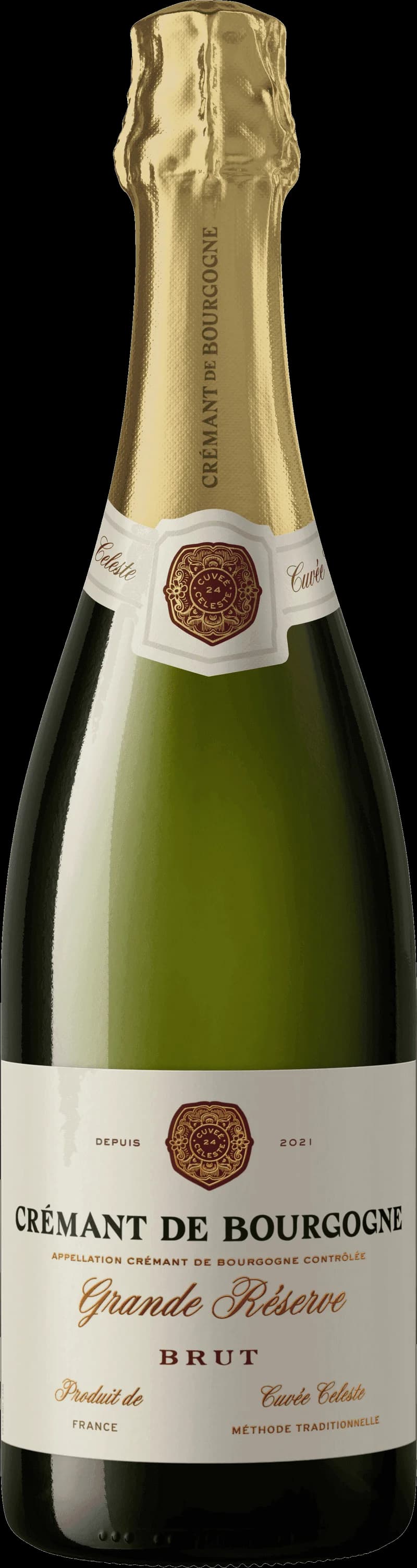 Flaska med Crémant de Bourgogne mousserande vin och champagneglas
