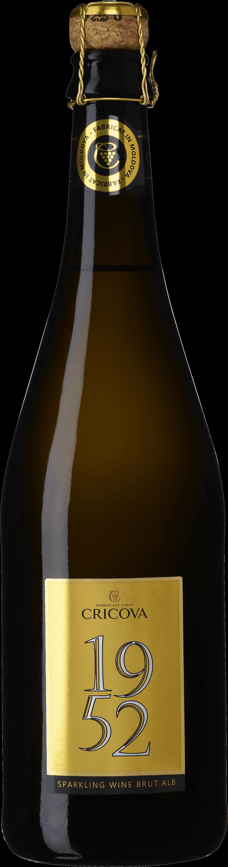 Flaska av Cricova 1952 Brut Alb, ett mousserande vin från Moldavien.