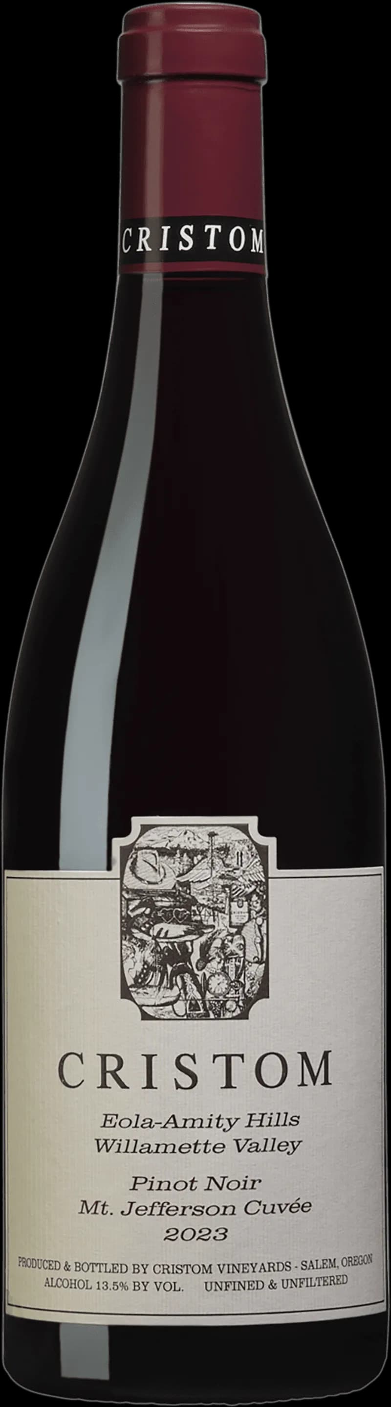 Flaska av Cristom Mt Jefferson rött vin mot neutral bakgrund.