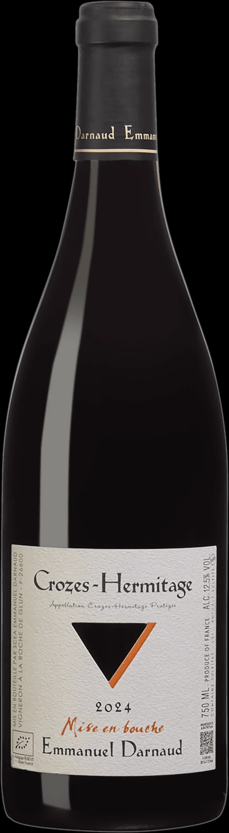 Flaska med rött vin från Crozes-Hermitage, serveras i vinglas.