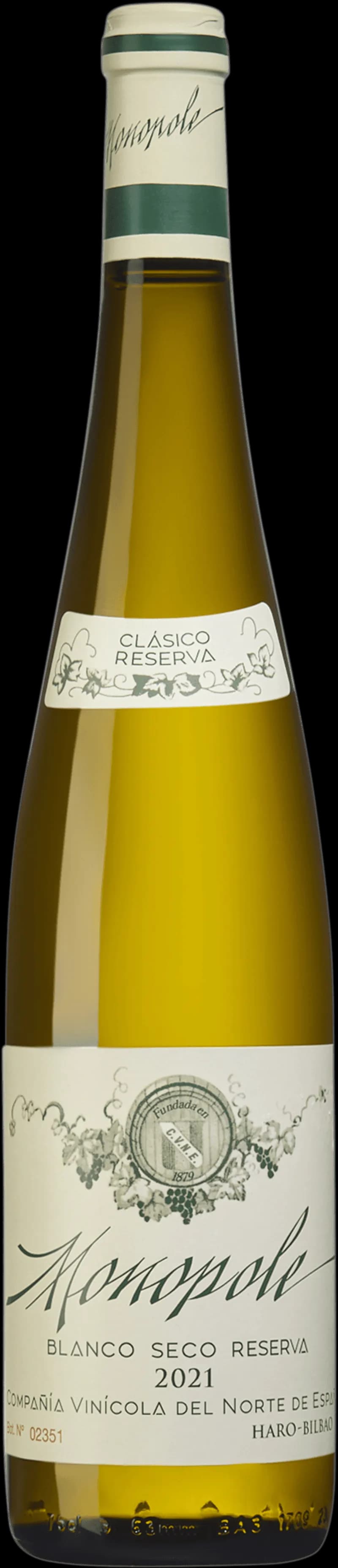 Flaska av Cune Monopole vitt vin mot ljus bakgrund.