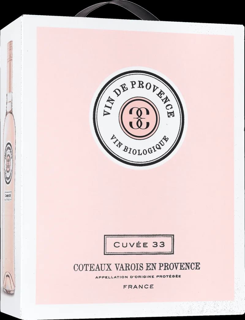 Flaska av Cuvée 33 rosévin mot ljus bakgrund.