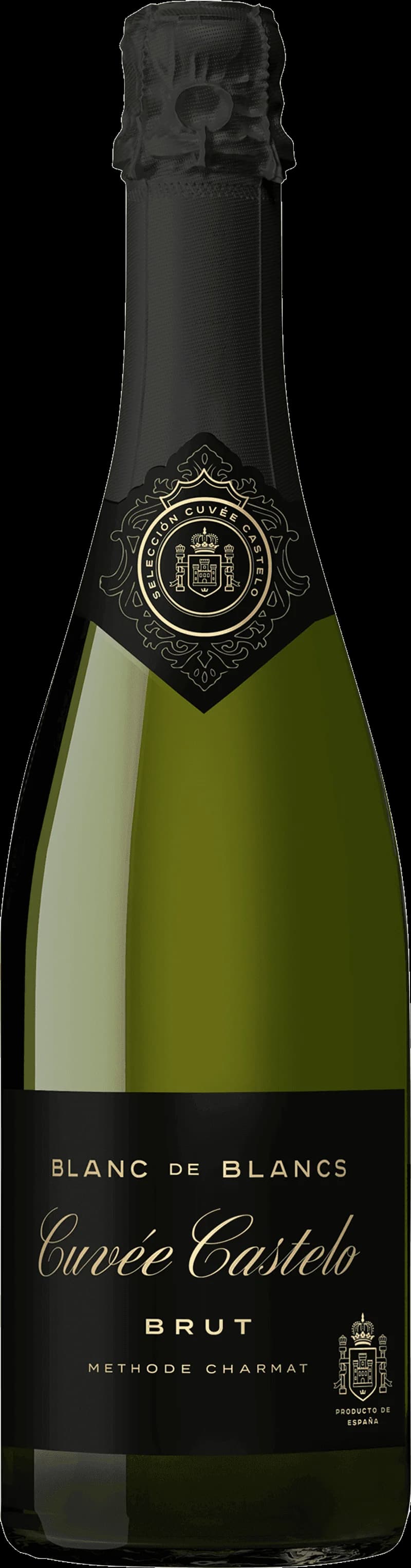 Flaska med Cuvée Castelo mousserande vin mot neutral bakgrund.