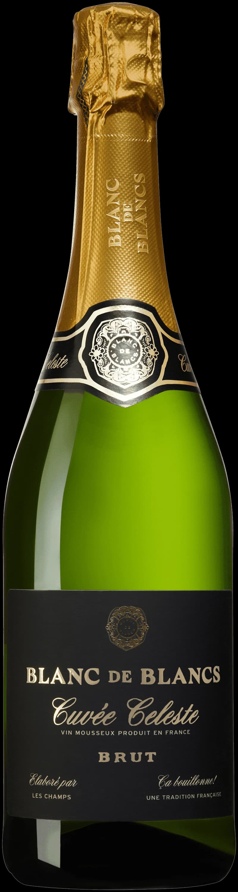 Flaska med Cuvée Céleste mousserande vin mot ljus bakgrund