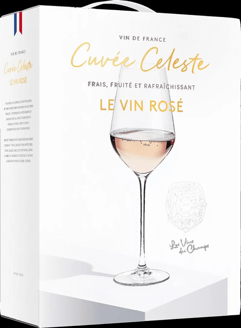 Flaska av Cuvée Céleste rosévin mot ljus bakgrund.