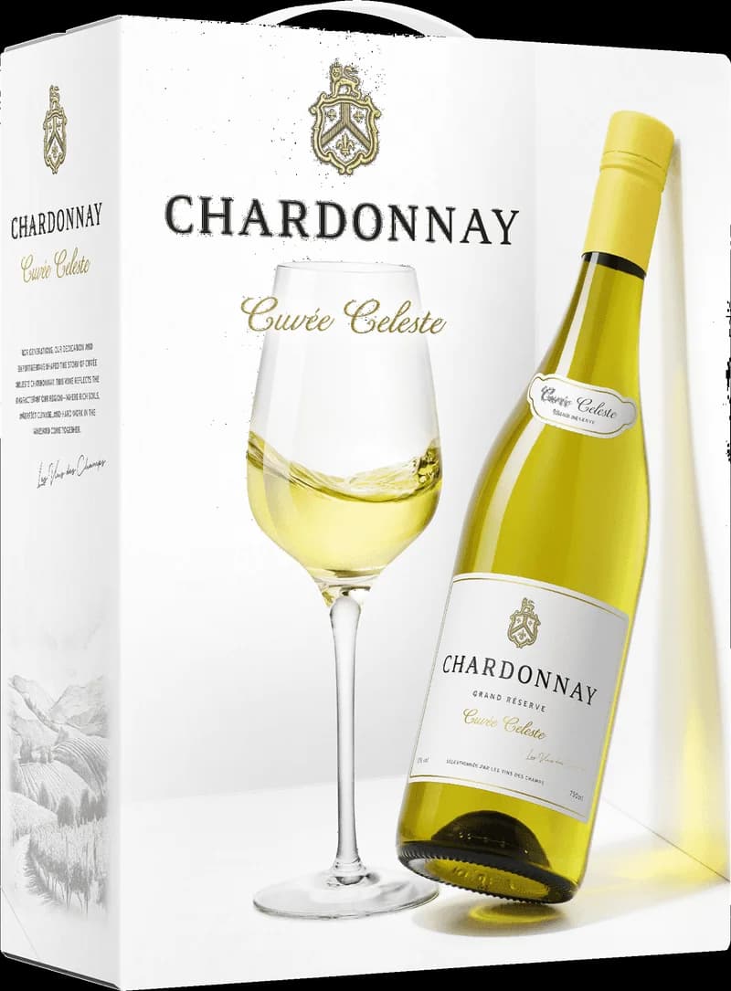 Flaska med Cuvée Céleste vitt vin mot ljus bakgrund.