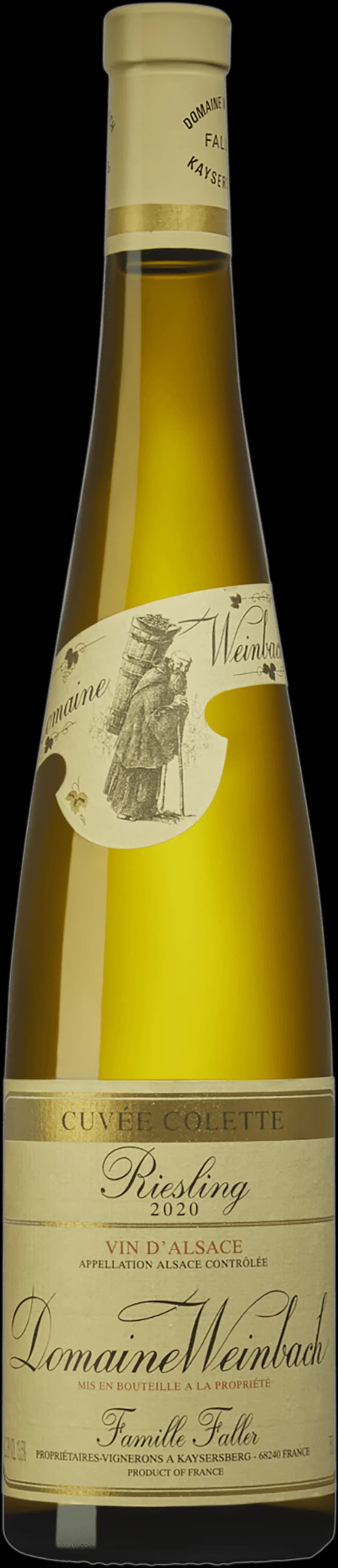 Flaska av Cuvée Colette vitt vin mot ljus bakgrund.