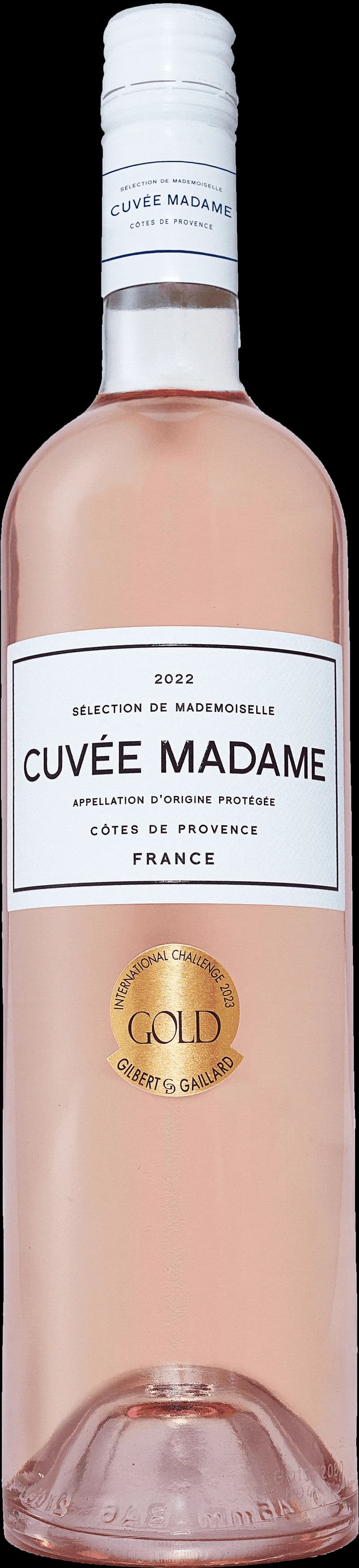 Flaska av Cuvée Madame rosévin med etikett och vin i glas