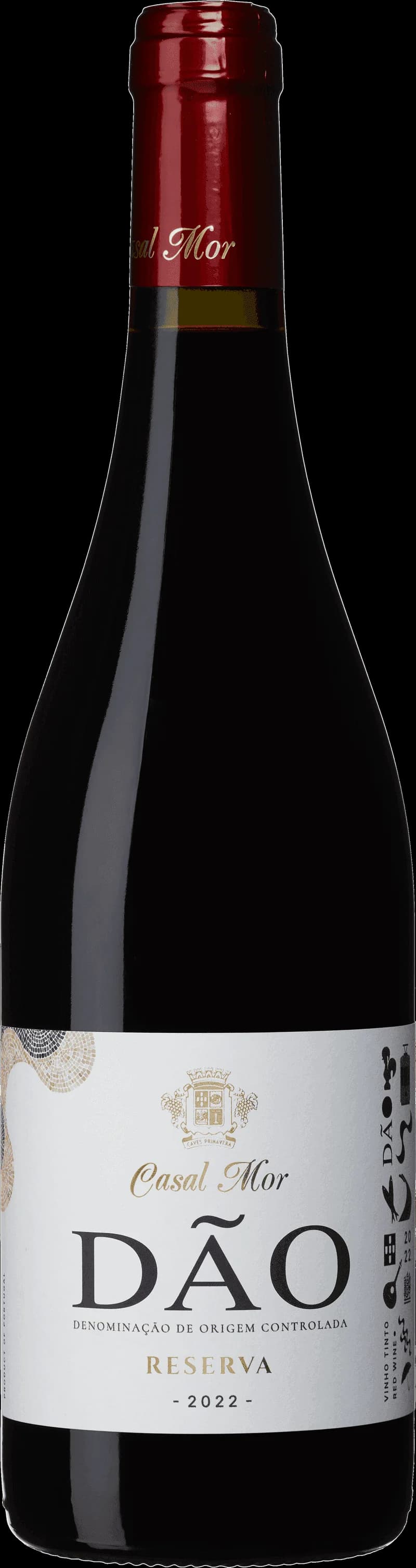 Flaska med rött vin från D.O.-regionen, etikett synlig.