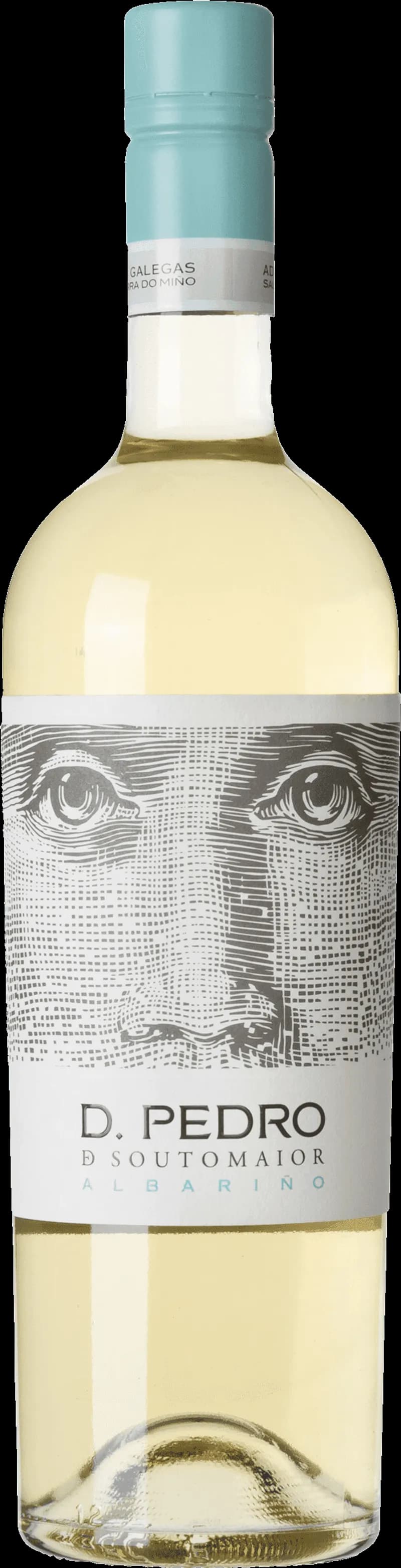 Flaska D. Pedro de Soutomaior Albariño vitt vin mot ljus bakgrund.