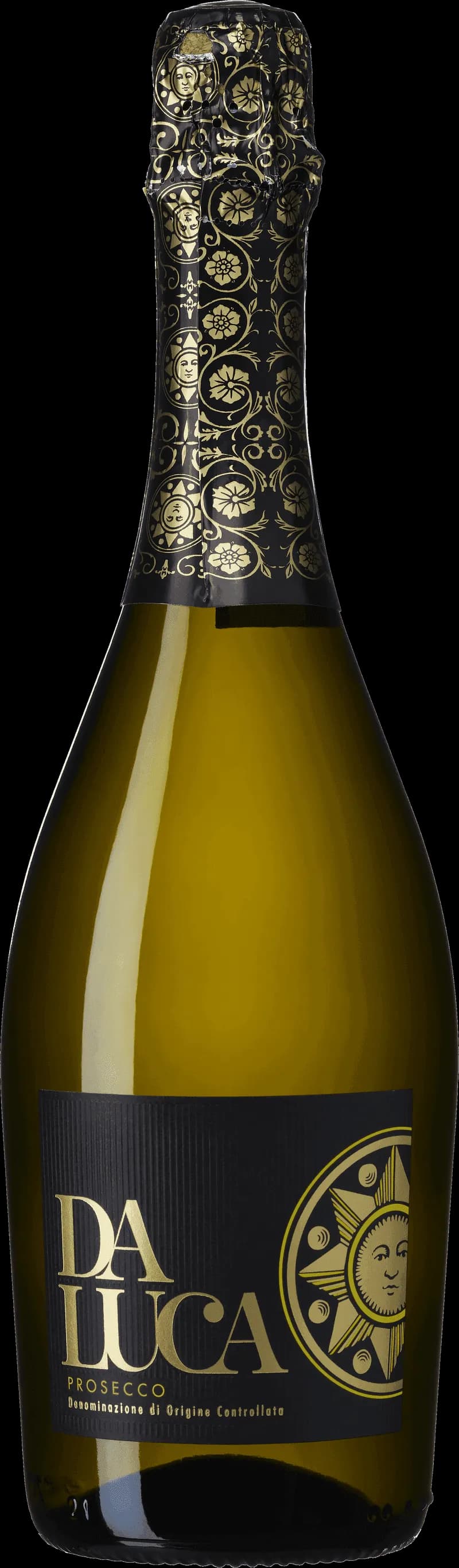 Flaska av Da Luca mousserande vin mot en neutral bakgrund.