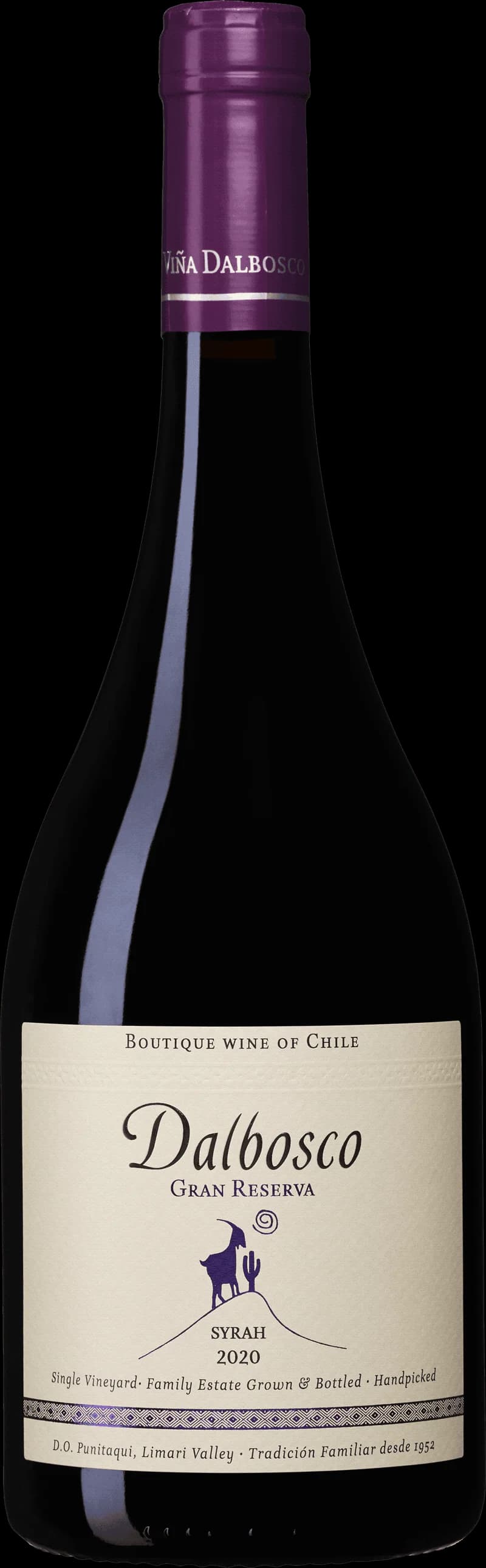 Flaska med Dalbosco rött vin mot en neutral bakgrund.