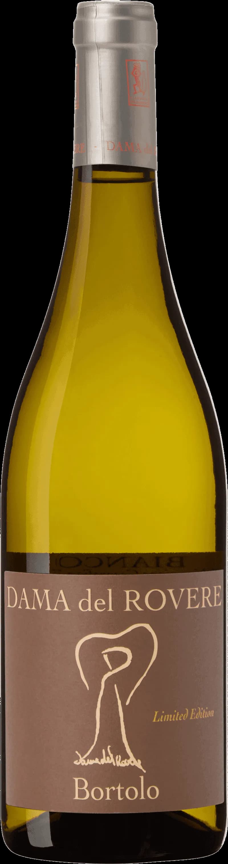 Flaska av Dama del Rovere vitt vin mot neutral bakgrund.