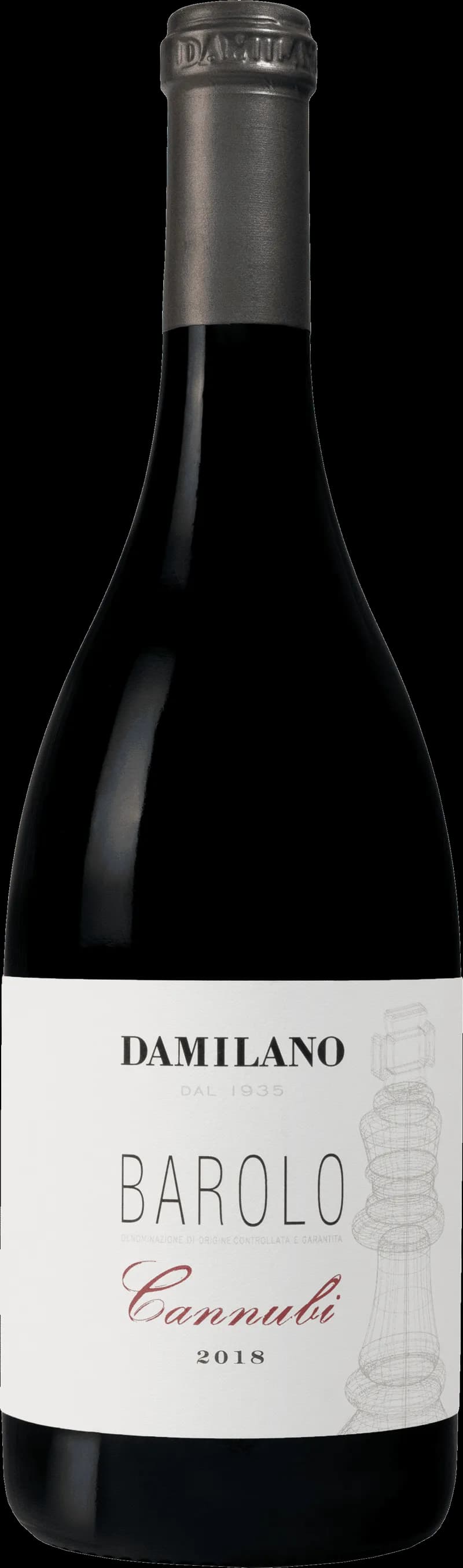 Flaska av Damilano rött vin mot neutral bakgrund