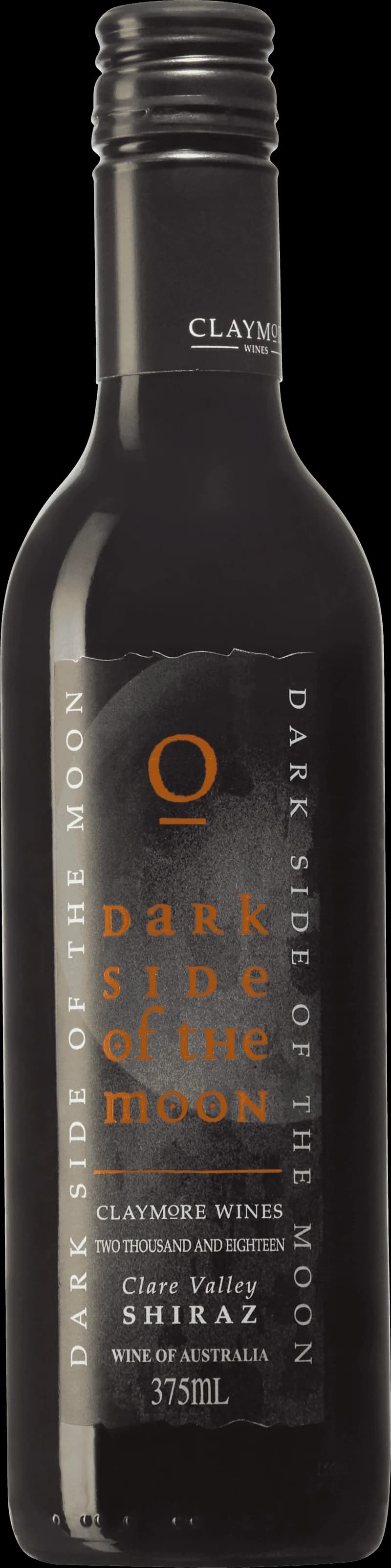 Flaska med rött vin Dark Side of the Moon mot mörk bakgrund