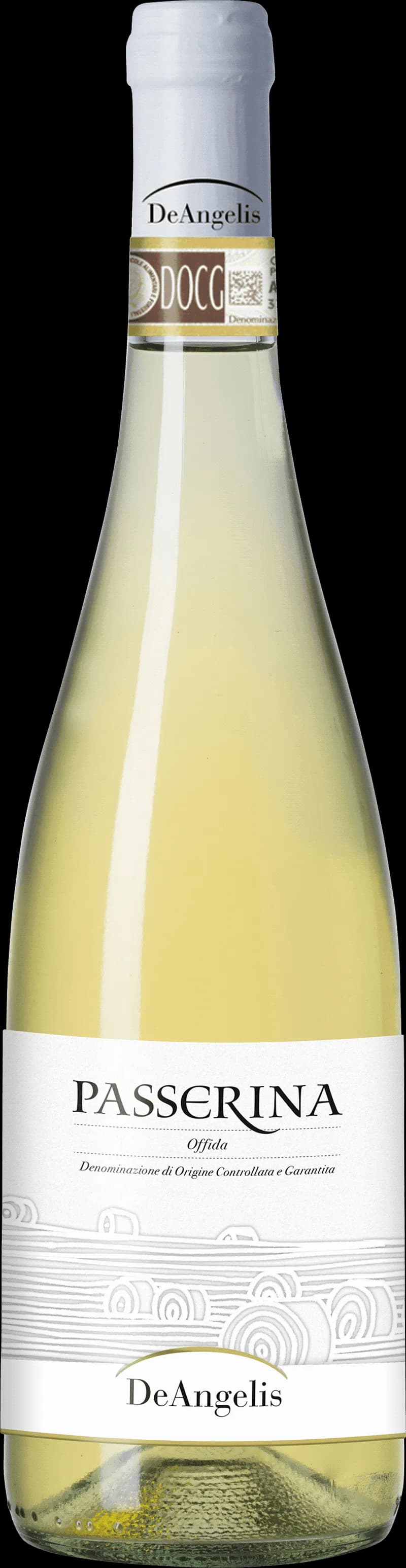Flaska av De Angelis vitt vin mot ljus bakgrund